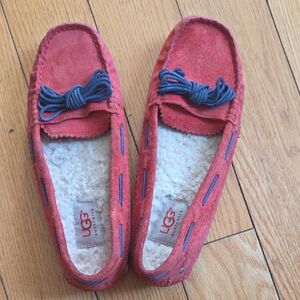 UGG Red Suede Moccasins with Navy Details